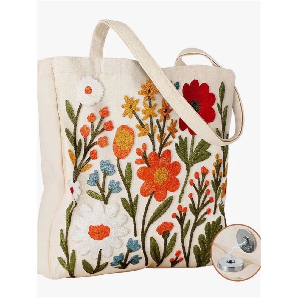 NEW Embroidered Floral Canvas Tote Bag